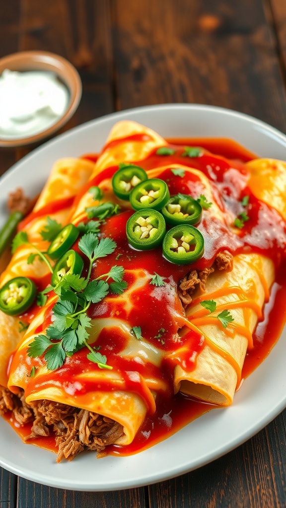Delicious shredded pork enchiladas with red sauce and cheese, garnished with cilantro and jalapeños on a rustic table.